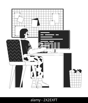 Asian woman working on computer black and white 2D line cartoon character Stock Vector