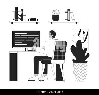 Indian employee working at home office black and white 2D line cartoon character Stock Vector