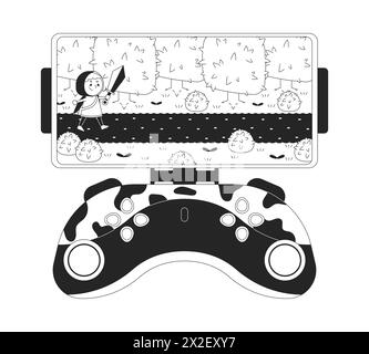 Arcade game on smartphone gamepad black and white 2D line cartoon object Stock Vector