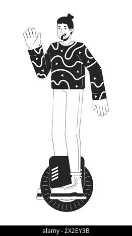 Happy guy riding electric unicycle scooter black and white 2D line cartoon character Stock Vector