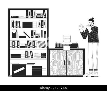 Male office worker angry on printer black and white 2D line cartoon character Stock Vector