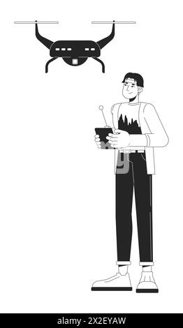 Asian man piloting quadcopter black and white 2D line cartoon character Stock Vector