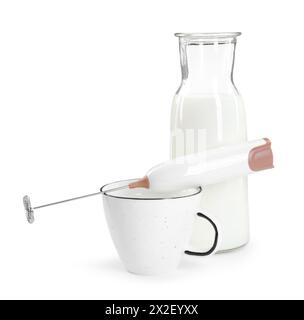 Mini mixer (milk frother), cup and bottle isolated on white Stock Photo