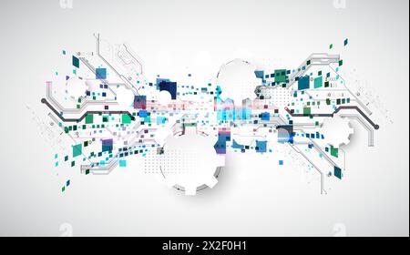 Abstract technological background with squares. The work is done on a gray background with glowing elements. Stock Vector