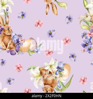 Easter rabbit, eggs and flowers seamless pattern isolated on neutral. Watercolor hare and blue, pink flowers hand drawn. Print of white lily hand pain Stock Photo