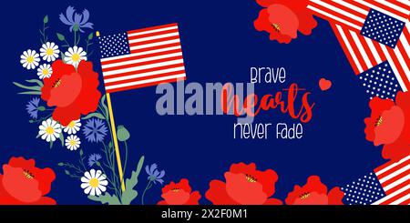 Memorial Day banner. American flags with flowers red poppy, cornflowers and chamomile on blue background. Vector illustration horizontal poster for de Stock Vector