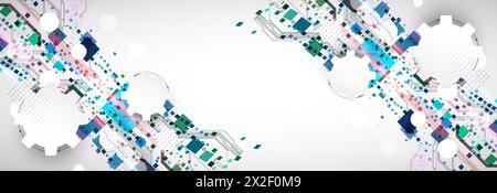 Abstract technological background with squares. The work is done on a gray background with glowing elements. Stock Vector