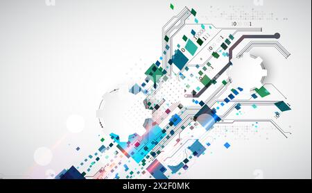 Abstract technological background with squares. The work is done on a gray background with glowing elements. Stock Vector