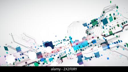 Abstract technological background with squares. The work is done on a gray background with glowing elements. Stock Vector