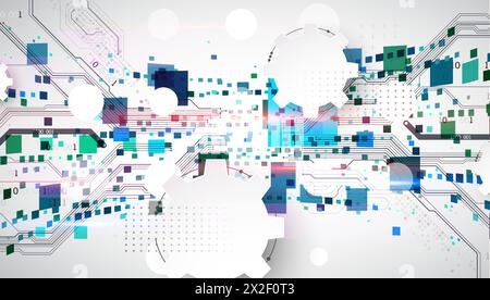 Abstract technological background with squares. The work is done on a gray background with glowing elements. Stock Vector