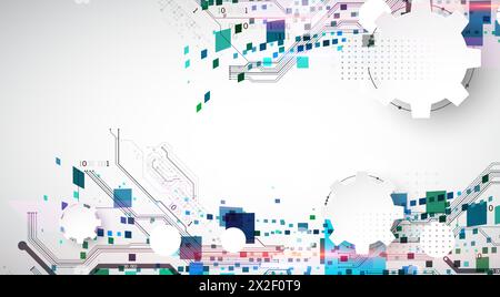 Abstract technological background with squares. The work is done on a gray background with glowing elements. Stock Vector