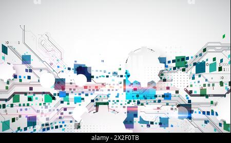Abstract technological background with squares. The work is done on a gray background with glowing elements. Stock Vector
