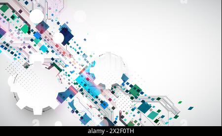 Abstract technological background with squares. The work is done on a gray background with glowing elements. Stock Vector