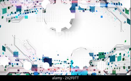 Abstract technological background with squares. The work is done on a gray background with glowing elements. Stock Vector