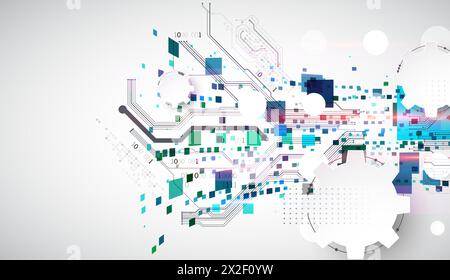 Abstract technological background with squares. The work is done on a gray background with glowing elements. Stock Vector