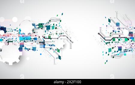Abstract technological background with squares. The work is done on a gray background with glowing elements. Stock Vector