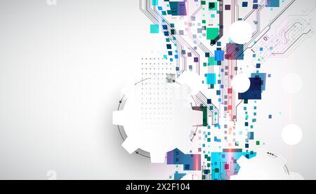 Abstract technological background with squares. The work is done on a gray background with glowing elements. Stock Vector