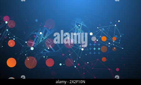 Vector abstract background with a wireframe dynamic pipes, line and particles inside circle. Stock Vector