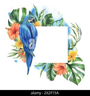 Tropical palm leaves, monstera and flowers of plumeria, hibiscus with blue-yellow macaw parrot. Hand drawn watercolor botanical illustration. Template Stock Photo