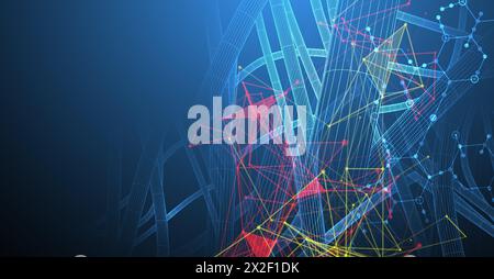 Sci-fi background. Wireframe dynamic pipes with the use of colored plexus effect and hexagons. Stock Vector