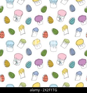 Seamless pattern of colorful Easter eggs with Easter Kulich cakes. Continuous one line drawing. Isolated on white backdrop. Festive design. Easter dec Stock Vector