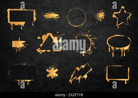 Gold spray frames. Golden ink airbrush boarders, square round text box frame rough glitter brush splatter effect paintbrush texture street graffiti badge stain vector illustration of border golden Stock Vector