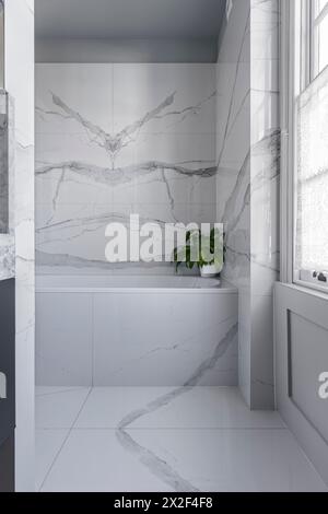 Simple, modern marble bathroom in Georgian townhouse. Paultons Square, Chelsea, London, UK. Stock Photo
