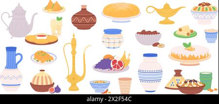 Moroccan food. Arabic pottery objects, traditional arabian meals and pastry. Decorative bowls and plates, jugs and vases. Racy vector east clipart Stock Vector