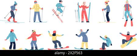 Skiers and snowboarders. Winter sport activities, people training on ski and snowboard. Athletic outdoor seasonal activity recent vector characters Stock Vector