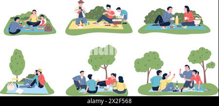 Picnic on nature. Family, friends and couple eating and drinking in citi park or forest meadow. Seasonal outdoor resting, recreation recent vector Stock Vector