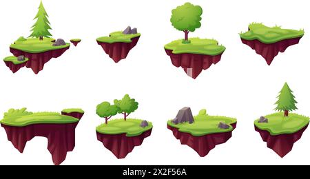 Flying game islands. Different grounds with stones, rocks and tree floating in air. Empty nature island for arcade games levels, nowaday cartoon Stock Vector