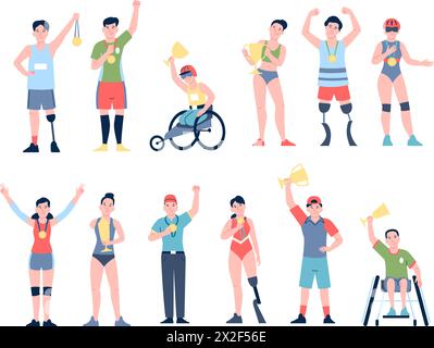 Sport champions. Athletes with gold trophies and medals, olympic and paralympic games winners. Sports championship victory, recent vector set Stock Vector