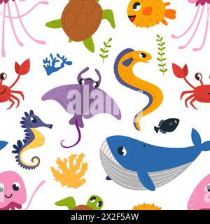 Ocean animal seamless pattern. Sealife adventures characters. Cartoon whale, jellyfish and seahorse. Colorful fabric print, classy cartoon vector Stock Vector