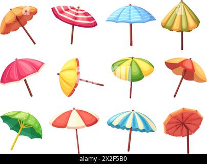 Isolated beach umbrellas. Cartoon umbrella for summer leisure and ocean resting. Sun skin protect, open colorful parasols, nowaday cartoon set Stock Vector