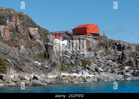 Cierva Cove research base on the rocks, Antarctica. Stock Photo