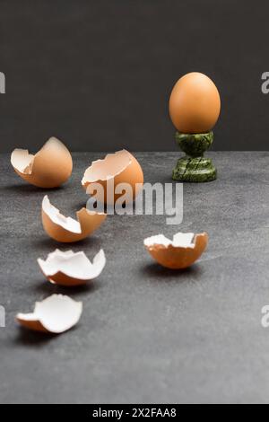 Brown egg on egg stand. Eggshells on table. Copy space. Black background. Stock Photo