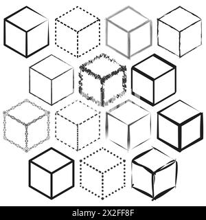 Cube Frame Outline Black wireframe cube collection. Outline cubic shapes in different ...
