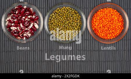 Three clear glass bowls are neatly arranged on a dark bamboo mat surface, each containing a different type of legume - red and white beans, green mung Stock Photo