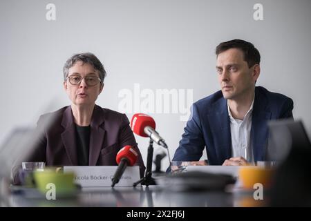 Berlin, Germany. 22nd Apr, 2024. Nicola Böcker-Giannini and Martin Hikel (both SPD), district mayor of Berlin Neukölln, sit next to each other during a press conference on the situation after the Berlin SPD membership vote. At the beginning of May there will be a second round of the Berlin SPD membership vote, as none of the candidate duos has achieved an absolute majority in the race for the new party leadership. Credit: Sebastian Christoph Gollnow/dpa/Alamy Live News Stock Photo