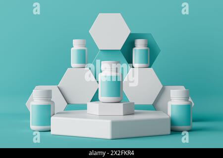 Presentation of Mockup Medical Jars with Pills or Vitamins on a Podium on a blue background. 3d Rendering Stock Photo
