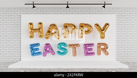 Golden Metal Balloon Letters as Happy Easter Sign on White Backdrop Stage in Room with Brick Wall extreme closeup. 3d Rendering Stock Photo