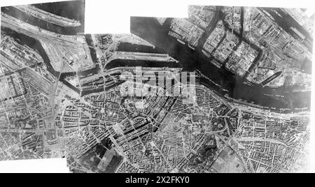 ROYAL AIR FORCE: OPERATIONS BY THE PHOTOGRAPHIC RECONNAISSANCE UNITS, 1939-1945. - Mosaic of photographic-reconnaissance photographs of Hamburg, Germany after major raids by aircraft of Bomber Command on the nights of 27/28 July and 29/30 July 1943. Damage to the Hamburg waterfront, extending from St Pauli, through Hamburg-Mitte and Hammerbrook to Hamm districts north of the Elbe, and Steinwerder-Waltershof on the south side Royal Air Force, Flying Training School, 16 (Polish), Hucknall Stock Photo