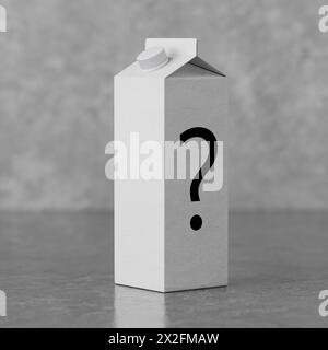 White Milk Cardboard Box Package with Question Mark on a white background. 3d Rendering Stock Photo