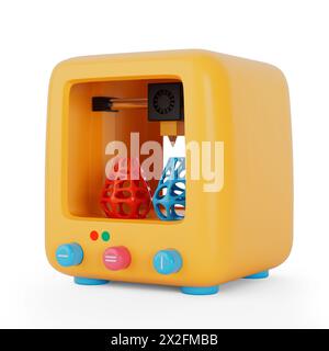 Yellow Abstract Cartoon Toy 3d Printer Icon on a white background. 3d Rendering Stock Photo