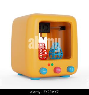 Yellow Abstract Cartoon Toy 3d Printer Icon on a white background. 3d Rendering Stock Photo