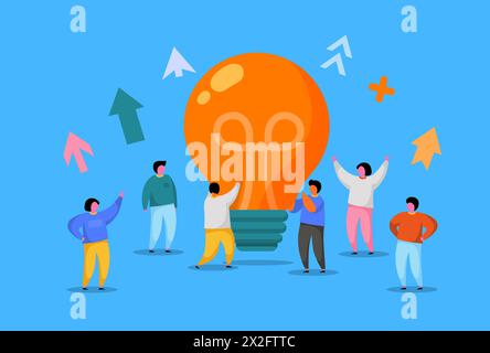 Flat People with Big Light Bulb Idea. Innovation, Brainstorming, Creativity Concept. Characters Working Together on new Project. New idea or Startup. Vector illustration Stock Vector