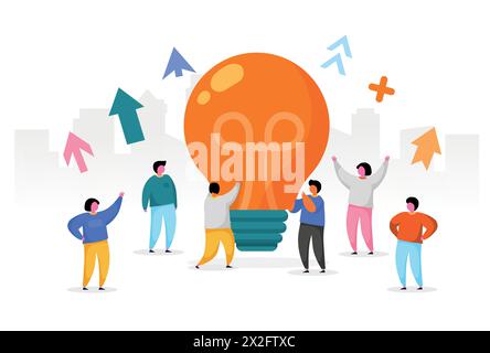 Flat People with Big Light Bulb Idea. Innovation, Brainstorming, Creativity Concept. Characters Working Together on new Project. New idea or Startup. Vector illustration Stock Vector