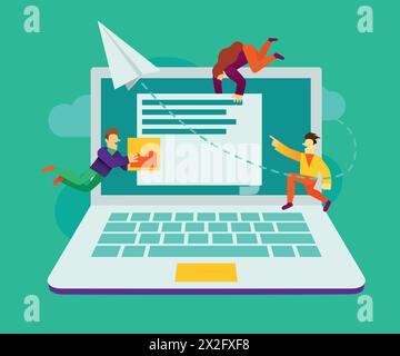 Creative teamwork. Group of small are building a business project on the Internet. The monitor screen is a building site. Presentation, web banner or landing page. Vector illustration Stock Vector