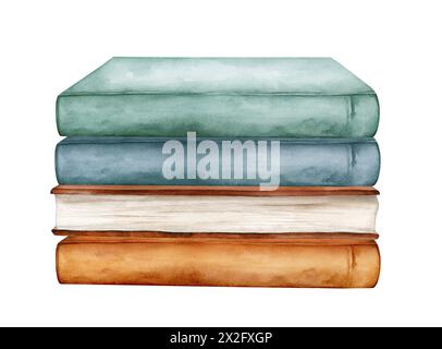 Watercolor illustration stacks of books for reading, pile of textbooks for education. Set of literature, dictionaries, encyclopedias. Colored Stock Photo