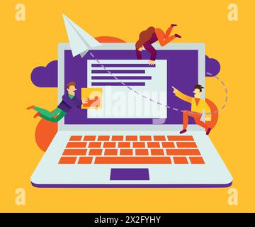Creative teamwork. Group of small are building a business project on the Internet. The monitor screen is a building site. Presentation, web banner or landing page. Vector illustration Stock Vector